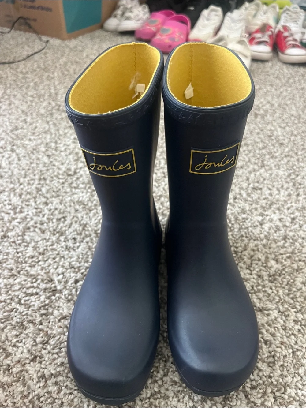 Joules Navy Rubber Rain Boots with Yellow Lining